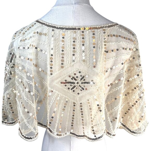 Beaded Sequins OS Capelet Scalloped Shawl Elegant Sheer Vintage Style Ivory - Picture 4 of 16